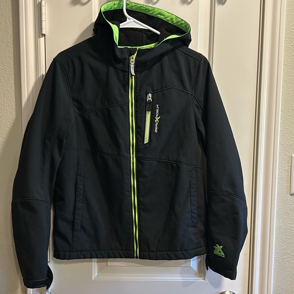 Fleece lined black jacket with hood and  green neon accents